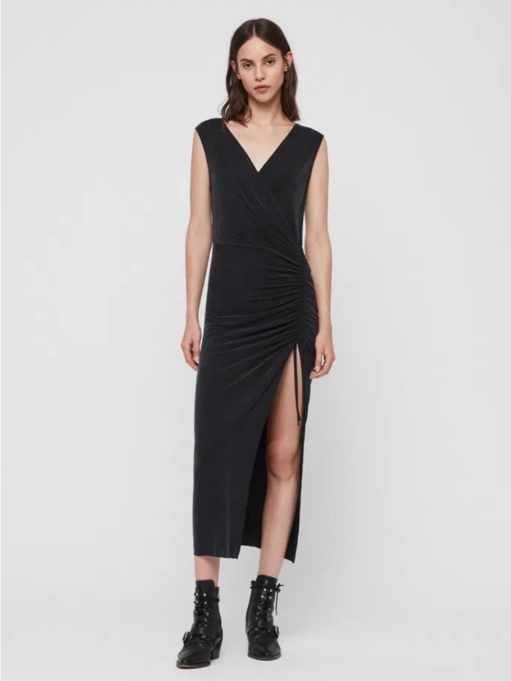 AllSaints Black Sleeveless V-Neck Ruched Midi Dress with Side Slit